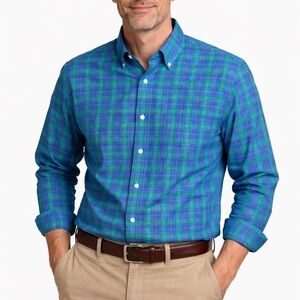 CLUB ROOM GREEN/BLUE PLAID BUTTON DOWN SHIRT LONG SLEEVE SIZE XXL